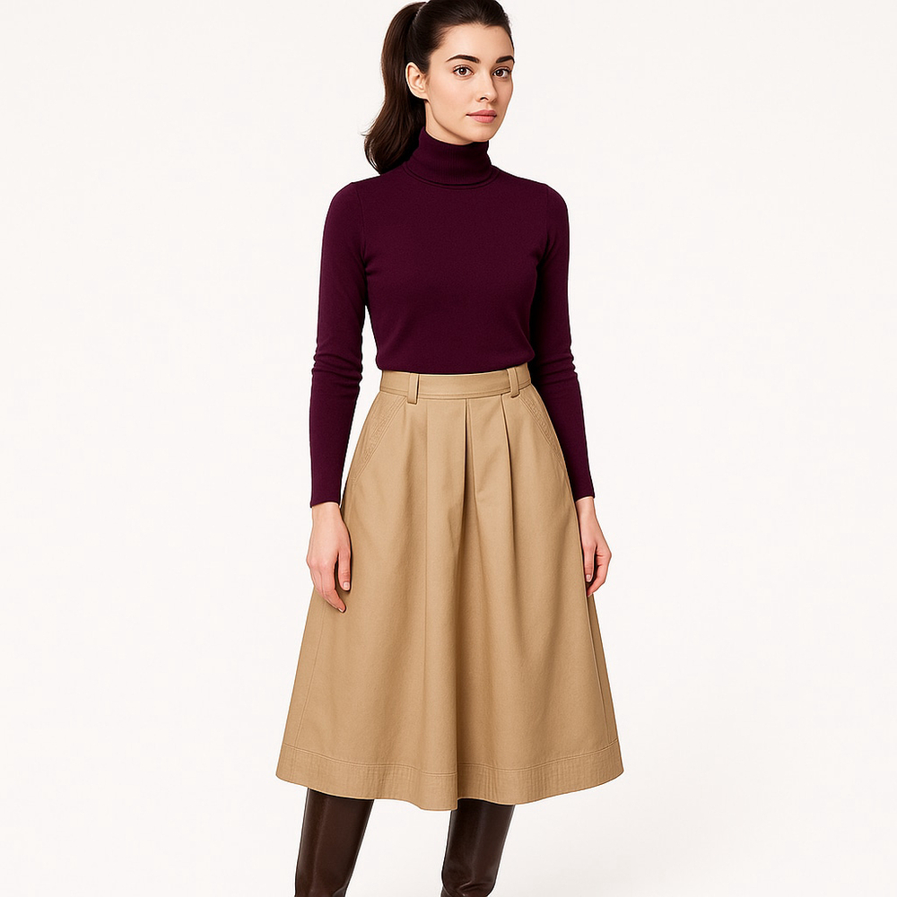 Vintage 1980s Barry Bricken Tan Khaki A-Line Midi Circle Skirt XS fits 26” waist